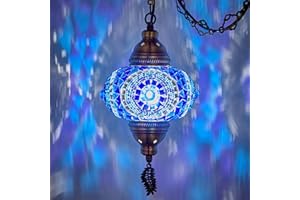 DEMMEX Plug in Pendant Light, Turkish Moroccan Mosaic Ceiling Hanging Pendant Light Fixture Lamp, 6.5" Shade, 15ft Thick Leaf Type Metal Chains, Cord & Plug (Blue)
