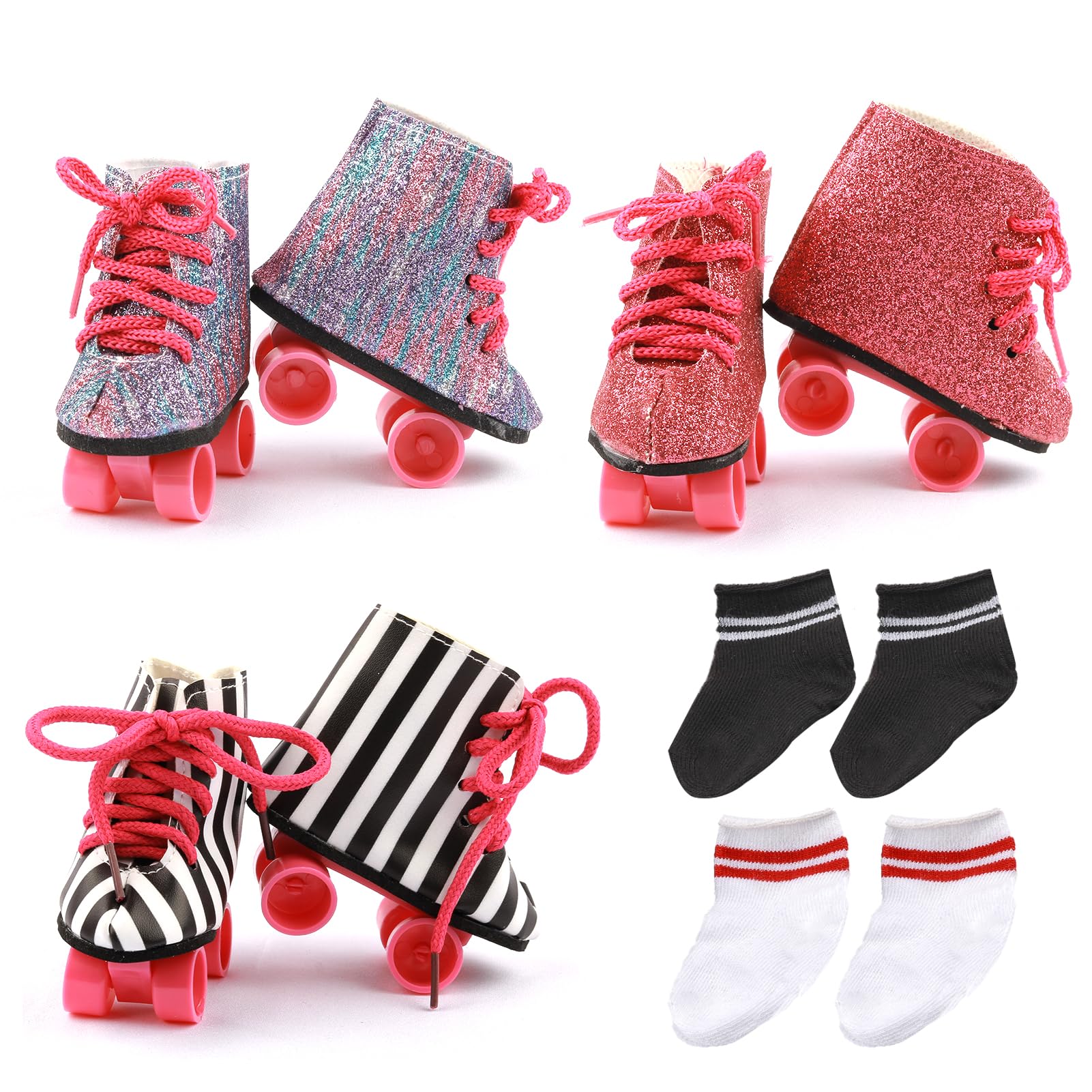 Photo 1 of 18” Doll Shoes Set, 3 Pairs of Doll Roller Skates+2 Pairs of Socks 18 in American Doll Accessories Fits 18 inch Girl Dolls