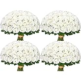 Waipfaru 100 Pcs White Roses Artificial Flowers Bulk, Real Touch Velvet Roses with Wrapping Paper, Fake Flowers for Wedding Centerpieces Bridal Bouquet Valentines Mothers Day Decor