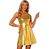 Allegra K Sparkle Dress for Women's Disco Party One Shoulder Sleeveless Holographic Metallic Dresses