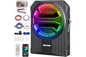Ehaho 10" 1200W Slim Underseat Car Powered Subwoofer with Amplifier & RGB Lights – APP/Remote Control, Music Sync Bass & Rain