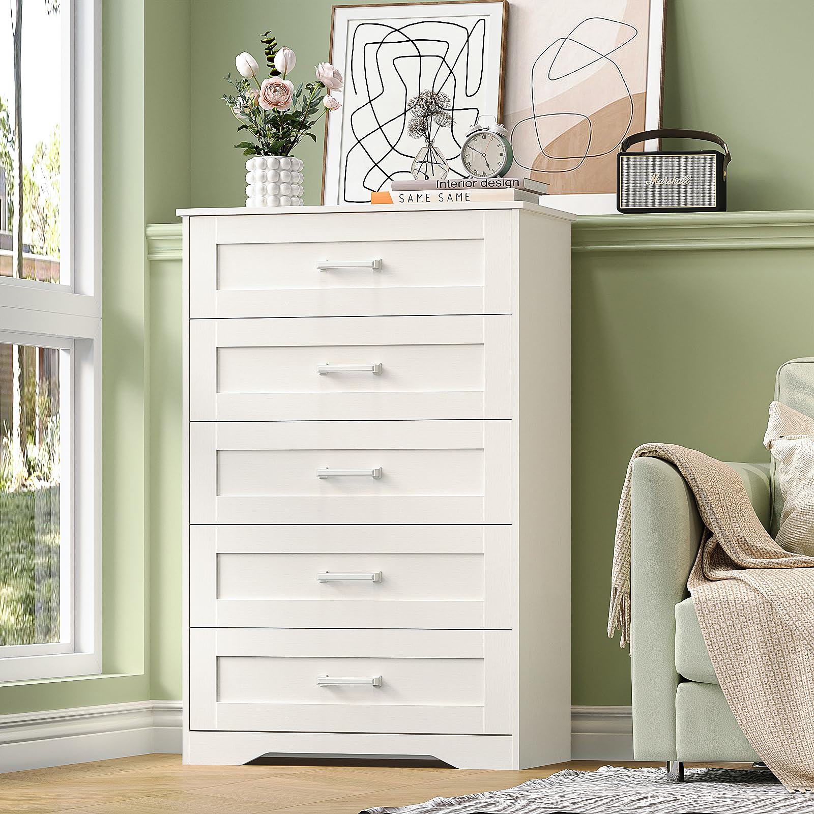 Photo 1 of Welfuturer White Wood Dresser for Bedroom with 5 Drawers, Tall Storage Chest of Drawers, Modern Solid Wood Dresser Cabinet for Closet, Nursery, Entryway, Girls Room, Kids Room, Hallway, Living Room