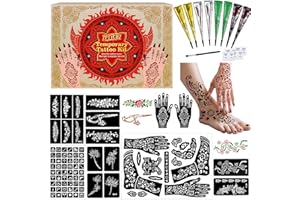 ZPTYCHZ Temporary Tattoo Kit | 8 Piece Set with 4 Vibrant Colors (Brown,Black,Cherry red,Green) | DIY Safe Ink | Includes Stencils, Ink, Brush & Gloves | Body Art for All Ages