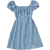 Verdusa Girl's Boho Floral Puff Sleeve A Line Dress Summer Shirred Slit Vacation Dresses