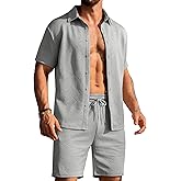 URRU Men's Shirt and Shorts Set Summer Outfits Short Sleeve Casual Button Down 2 Piece Shorts Set