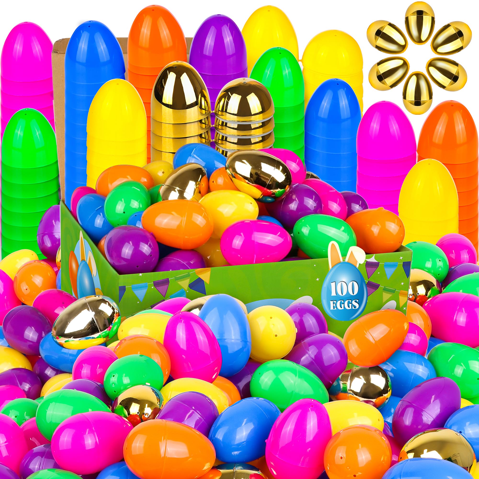 Photo 1 of 100 Pack 2.4" Colorful Fillable Easter Eggs with 6 Surprise Golden Eggs, Plastic Easter Egg Empty for Easter Egg Hunt Party Favors Kids Easter Basket Stuffers Fillers Classroom Prizes for Boys Girls