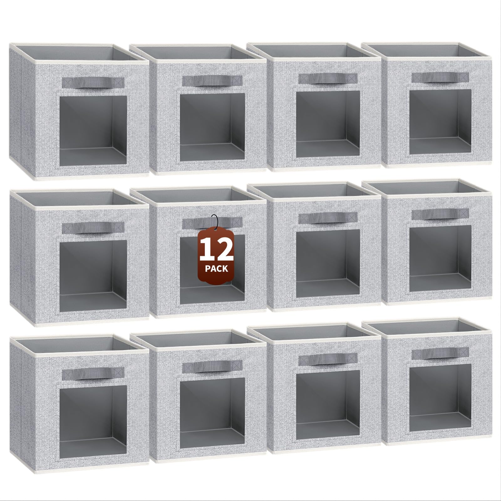 Homsorout Foldable Storage Cubes - Square Organizer with Window, Decorative Baskets for Organizing, Fabric shelf Basket for Clothes, 11 Inch Closet Storage Cubes, Set of 12, Light Grey Image