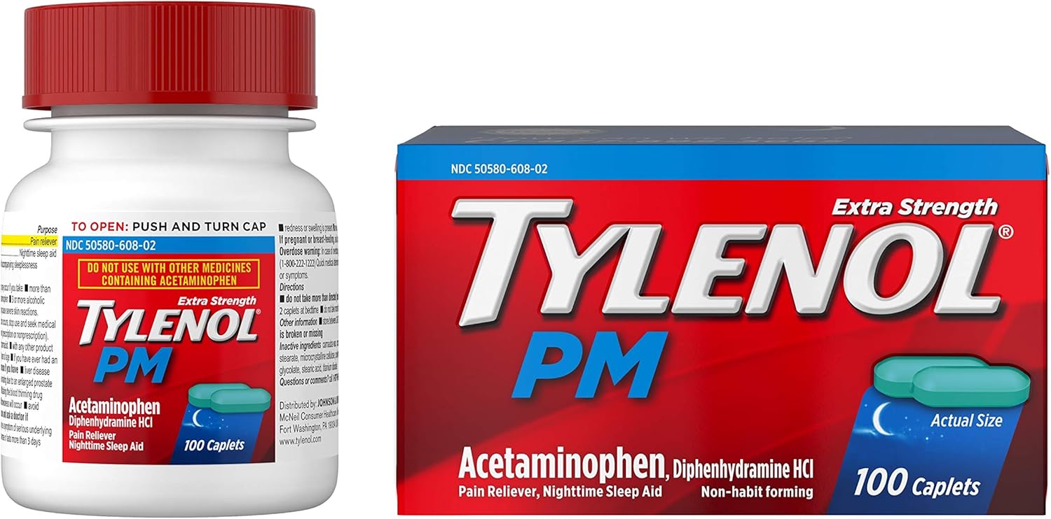 Tylenol PM Extra Strength Pain Reliever & Sleep Aid Caplets, 500 mg Acetaminophen, 100 ct