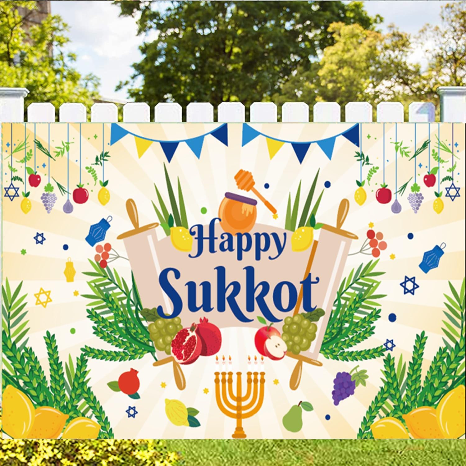Photo 1 of LOONELO Happy Sukkot Backdrop Banner with 70.9" X 43.3", Happy Sukkah Backdrop Banner, Etrog Lulav Jewish Holiday Photography Background for Photo Booth Wedding Birthday Sukkot Party Decorations