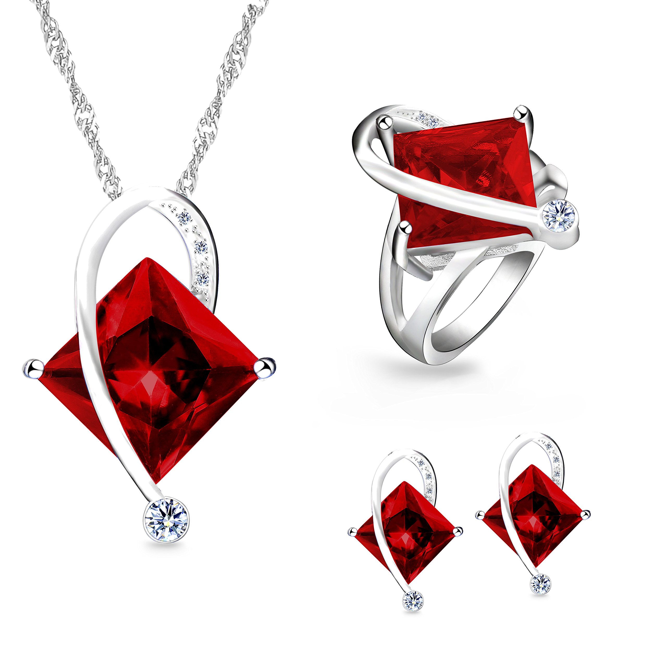 Uloveido Unique White Gold Plated Large Square Simulated Garnet Necklace Pierced Earrings Bypass Rings with Clear Cubic Zirconia for Women (Red, Size L) T295