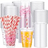 meekoo 50 Sets Coquette Pink Bow Cup with Flat Lids and Straws 12 oz Pink Bow Daisy Plastic Clear Drink Disposable Cups with Lids for Themed Parties Bridal Shower Birthday Wedding Party Supplies