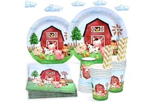 HEBOLAND Watercolor Farm Birthday Party Supplies Plates Set for 25 Guests,125 Pieces Paper Plates Napkins Cups Tableware for Barnyard Farm Animals Themed Party Decorations