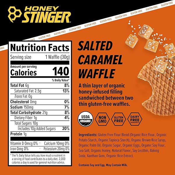 HONEY STINGER ORGANIC GLUTEN FREE SALTED CARAMEL WAFFLE | ENERGY STROOPWAFEL FOR EXERCISE, ENDURANCE AND PERFORMANCE | SPORTS NUTRITION FOR HOME & GYM, PRE AND POST WORKOUT | BOX OF 6 WAFFLES, 6.36 OZ