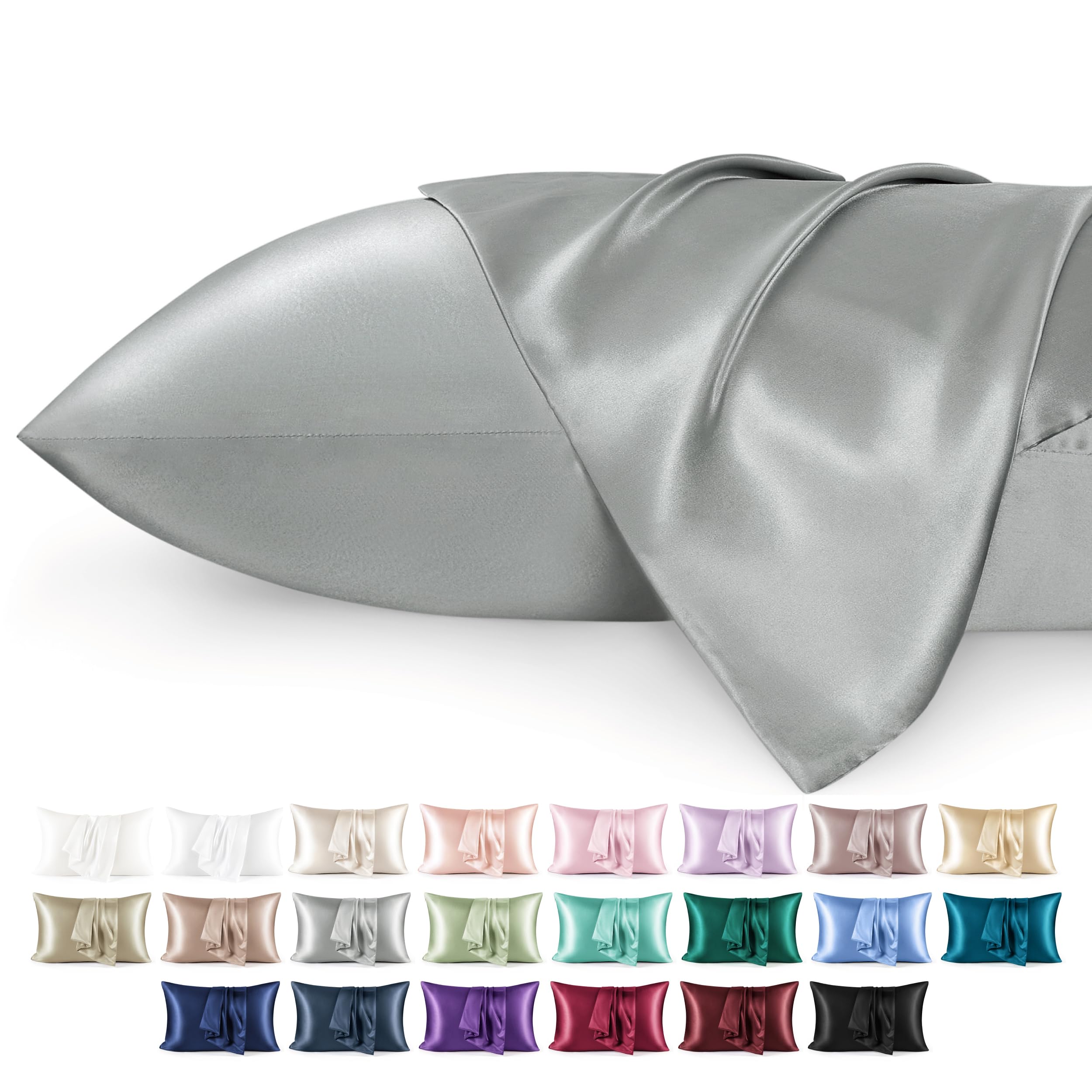Bedsure Satin Pillowcase for Hair - Similar to Silk Pillowcase, Cooling Pillow Cases 2 Pack with Envelope Closure, Gifts for Women, Queen & Standard Size 50x75 cm, Grey