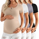Riyiper 4 Pack Women's Maternity Shirts | Pregnancy Tops, Henley, Scoop Neck, Short Sleeve, Side Ruched, Mama, Slim Fit, Soft and Comfort Fabric