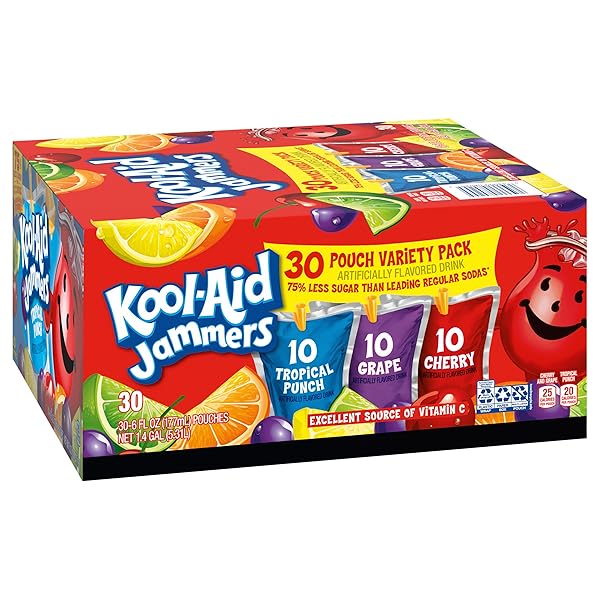 KOOL-AID JAMMERS TROPICAL PUNCH (GRAPE & CHERRY ARTIFICIALLY FLAVORED KIDS SOFT DRINK VARIETY PACK, 30 CT BOX, 6 FL OZ POUCHES)