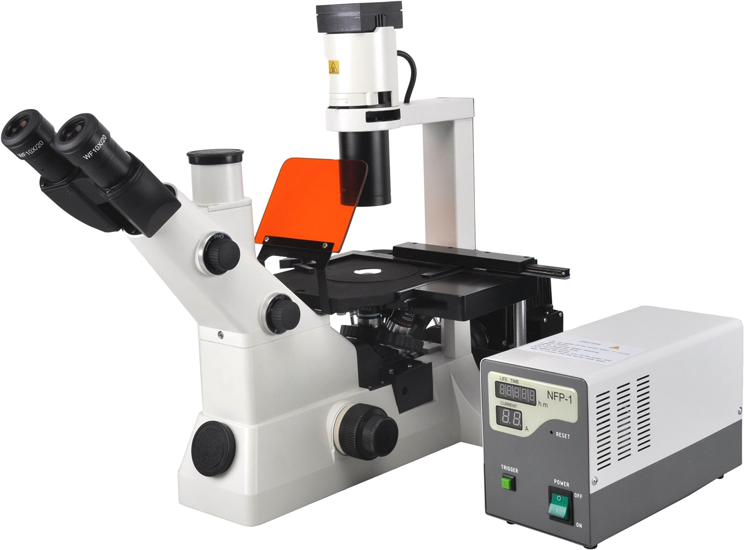 BestScope BS-7020 Inverted Fluorescence Trinocular Compound Microscope, WF10x Eyepieces, Infinity Plan Brightfield and Phase-Contrast Objectives, 40x-400x Magnification, Mercury and Halogen Illumination, ELWD Condenser, Plain Stage with Mechanical Stage Attachment, 110V-220V