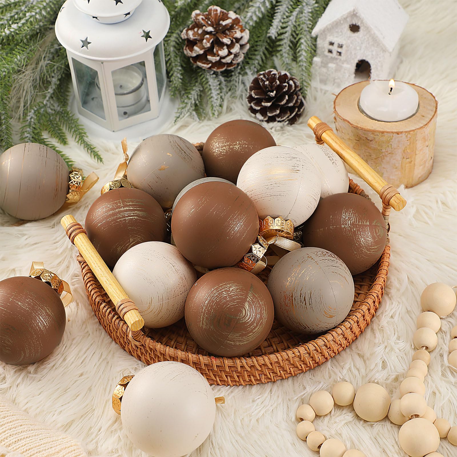 Photo 1 of Yunlly 24 Pcs Textured Christmas Ball Ornaments 2.36'' Neutral Christmas Tree Decor Modern Vintage Brown Hanging Decor Shatterproof Home Ornaments for Large Rustic Farmhouse Xmas Tree (Classic Color)