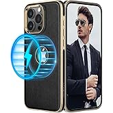 LOHASIC for iPhone 15 Pro Max Leather Case with MagSafe – Luxury Soft Magnetic Designer Cover with Logo Cutout, Luxury Elegant Aesthetic Case for iPhone 15 Pro Max, Black + Gold