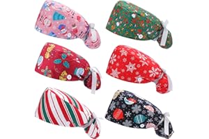 Croknit 6 Pcs Christmas Scrub Cap Women Adjustable Nurse Cap with Button Bouffant Medical Surgical Hat Sweatband for Gift