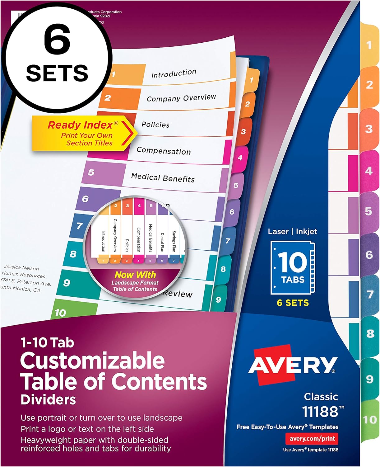 Avery 10-Tab Dividers for 3 Ring Binders, Customizable Table of Contents, Multicolor Tabs, 6 Sets (11188) : Binder Index Dividers : Office Products