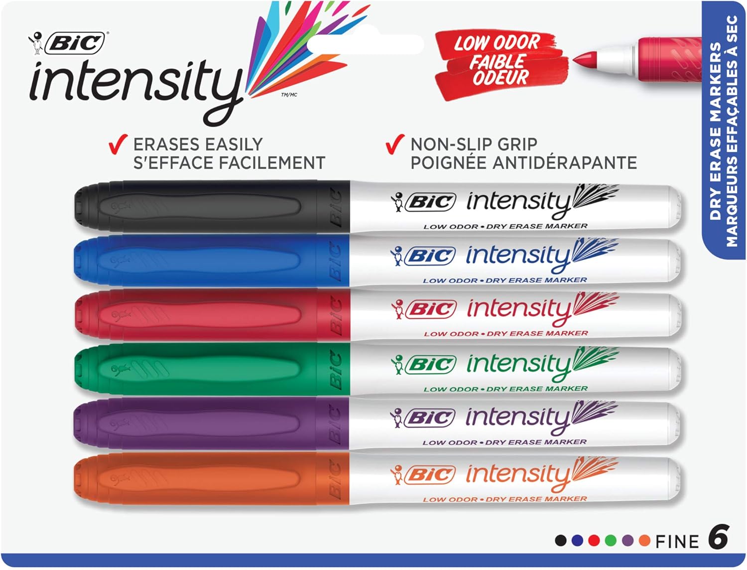 BIC Intensity Low Odor Dry Erase Marker, Fine Point, Assorted Colors, 6