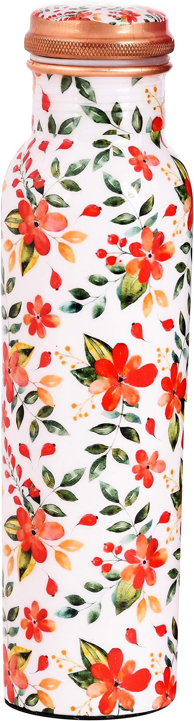 Copper Water Bottle - Designer White Floral Joint Less Leak Proof Ayurveda Health Benefit Vessel for Sports and Yoga - 950 ML