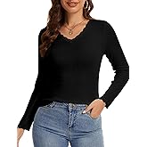 LUXEBOLD Womens Long Sleeve Lace T-Shirts V Neck Layering Basic Shirts Tops Slim Fit Stretch Undershirts Tee 2025
