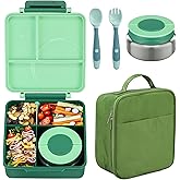 Bento Lunch Box Set for Kids with 8oz Soup Thermo, Leak-Proof Lunch Containers with 4 Compartment, Kids Thermo Hot Food Jar and Insulated Lunch Bag for Kid to School-Green