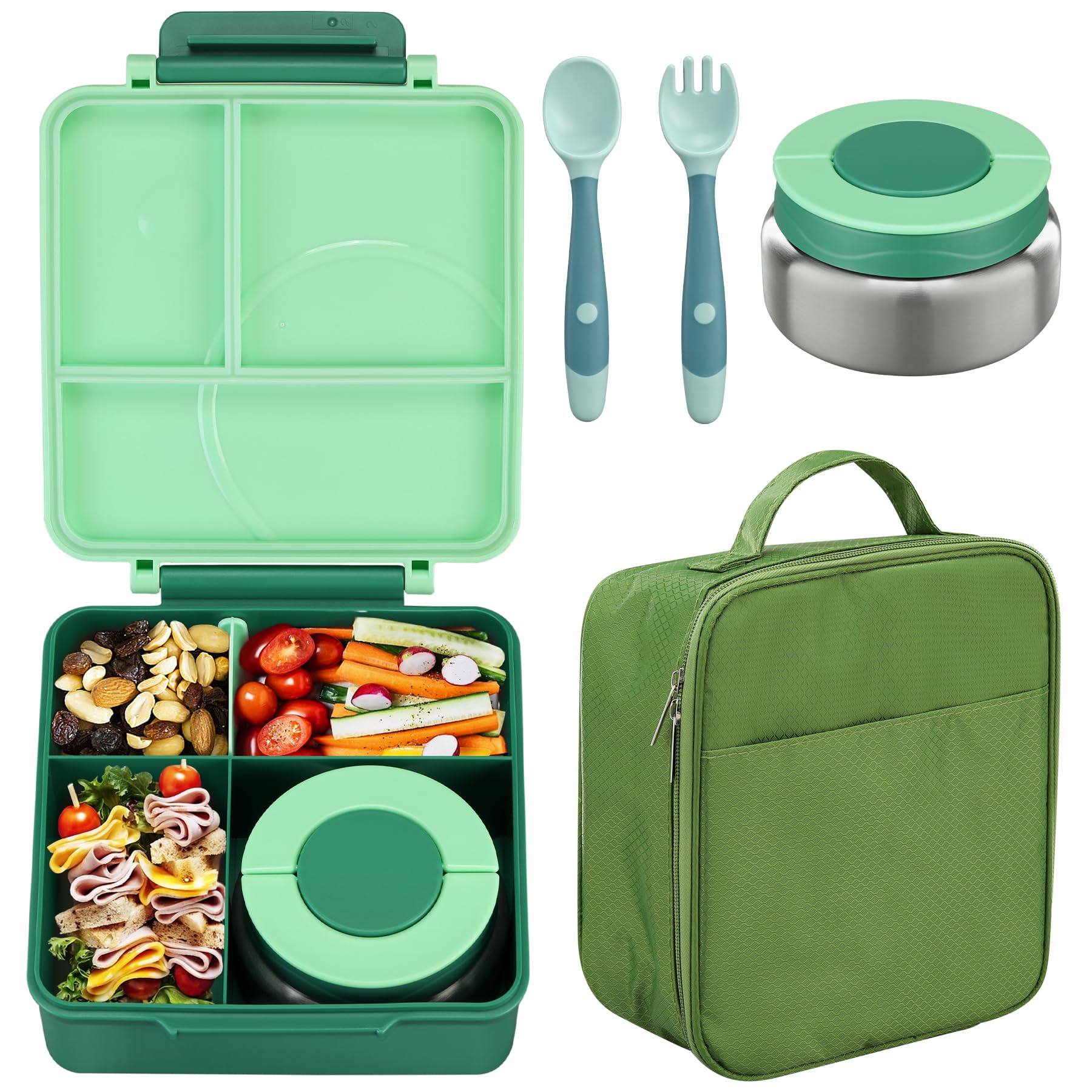 Photo 1 of Bento Lunch Box Set for Kids with 8oz Soup Thermo, Leak-Proof Lunch Containers with 4 Compartment, Kids Thermo Hot Food Jar and Insulated Lunch Bag for Kid to School-Green
