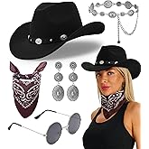 THDZS Cowboy Hat for Women Brim & Rhinestone Belt and Sunglasses Bandana Glitter with Cowboy Hat Earrings for Party Costume