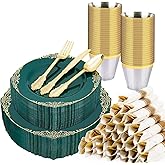 Realluck 350 PCS Green and Gold Plastic Plates, Plastic Dinnerware Set for 50 Guests, 100 Disposable Plates, 150 Silverwares, 50 Cups, 50 Napkins for Party, Wedding, Graduation