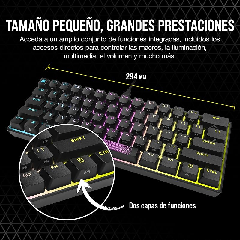 K65 RGB MINI Teclado Mecânico de Gaming 60% Ligado - Switches CHERRY MX RED - Teclados PBT Double-Shot - Compatível com iCUE - QWERTY ES - PC, Mac, Xbox - Preto