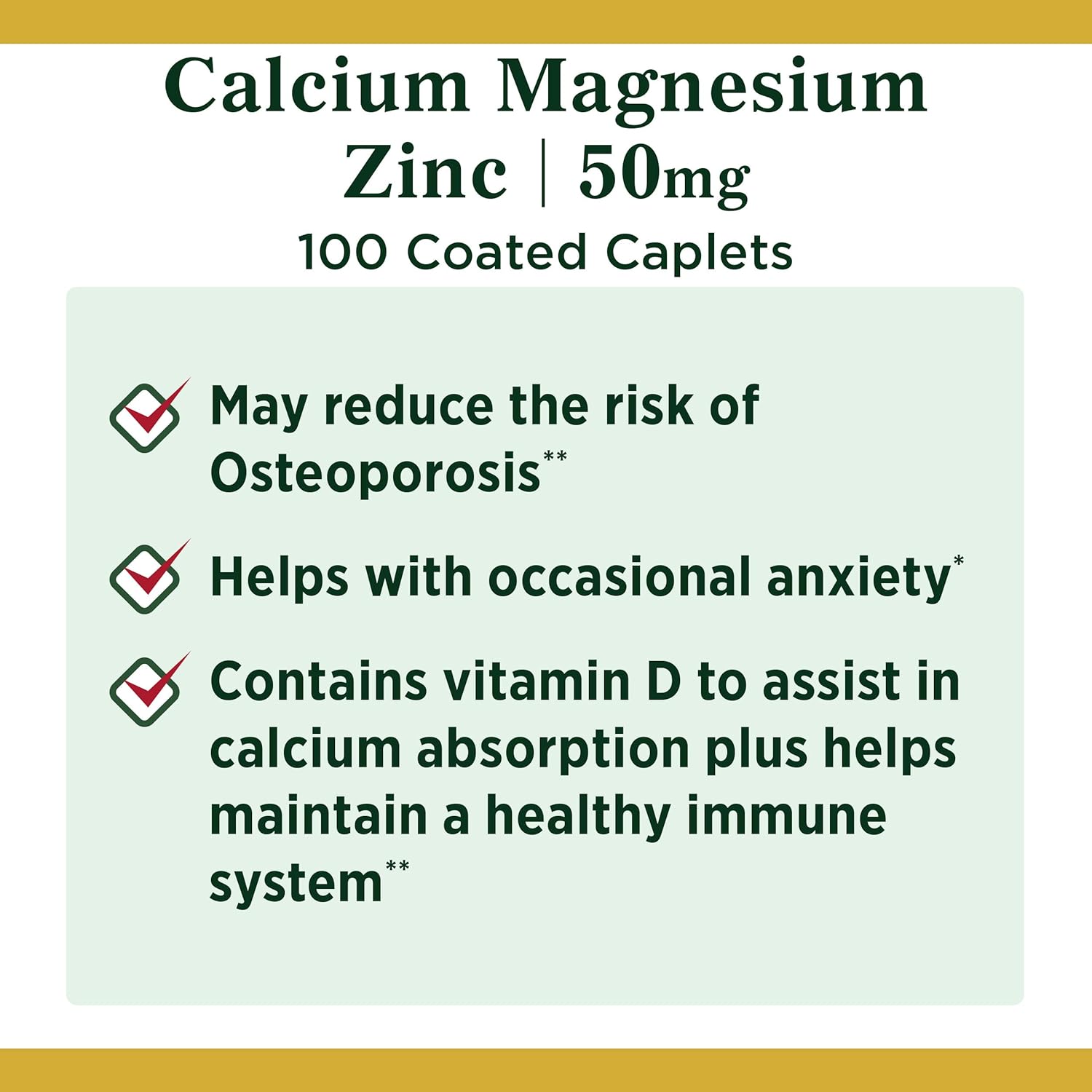 Calcium Magnesium & Zinc by Nature's Bounty, Immune Support and Supporting Bone Health, 100 Caplets: Health & Personal Care