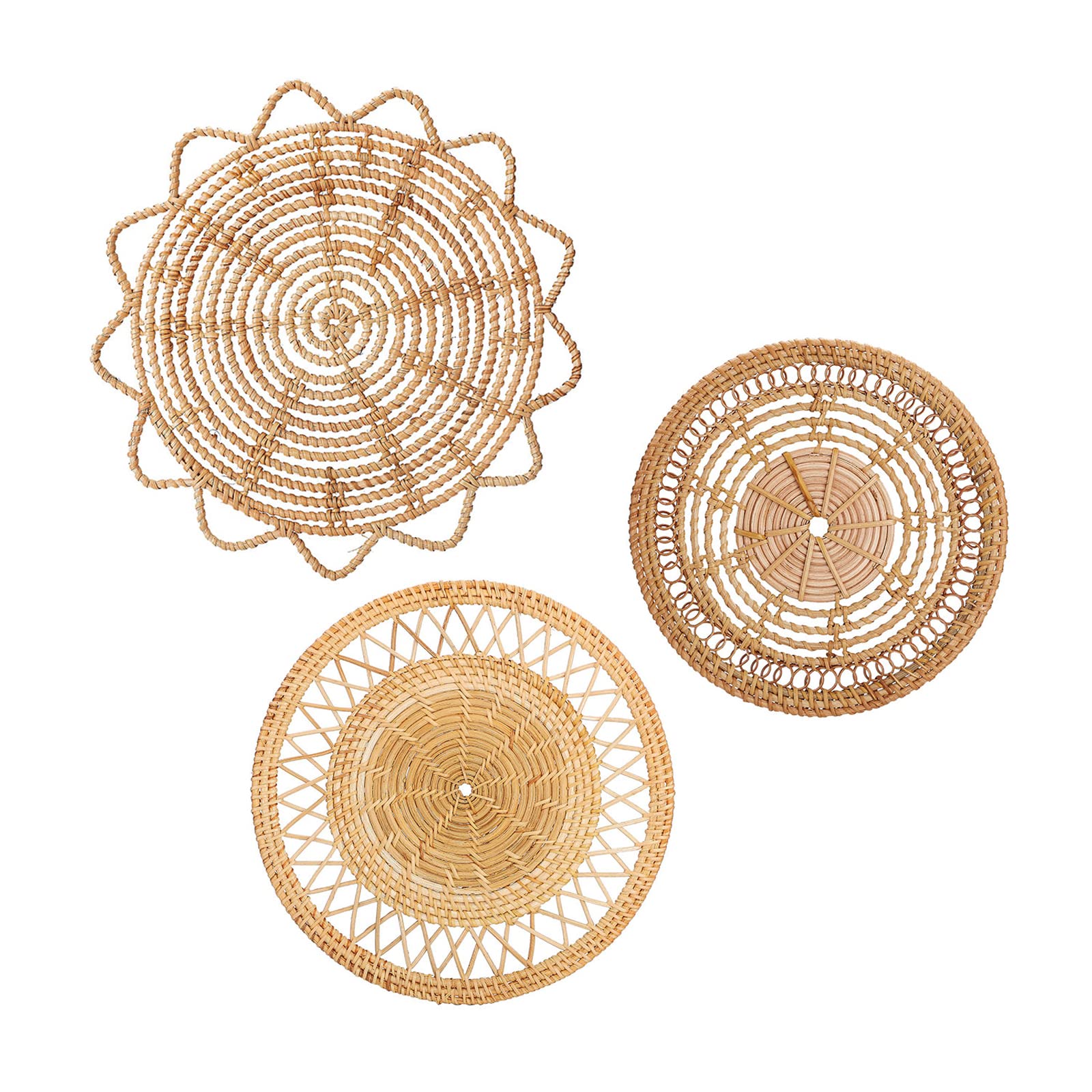 RXMORI Boho Wall Basket Decor, Set of 3 Hanging Natural Woven Flat Baskets, Round Wicker Baskets Wall Art, Handmade Rustic Wall Basket for Home Decor (25cm-30cm-33cm, B)