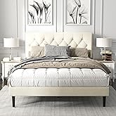HAOARA Queen Size Platform Bed Frame with Upholstered Button Tufted Headboard, Mattress Foundation with Wooden Slat Support, Noise Free, No Box Spring Needed, Easy Assembly, Beige Velvet