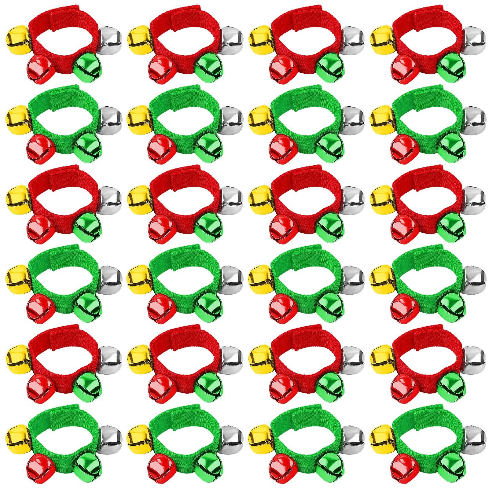 Augshy Christmas Wrist Bells Bracelets, 24Pcs Wrist Band Jingle Bells with Red Green Gold Silver Bells, Musical Instruments Adjustable Hand Ankle Bells for Christmas Gifts Party Favor