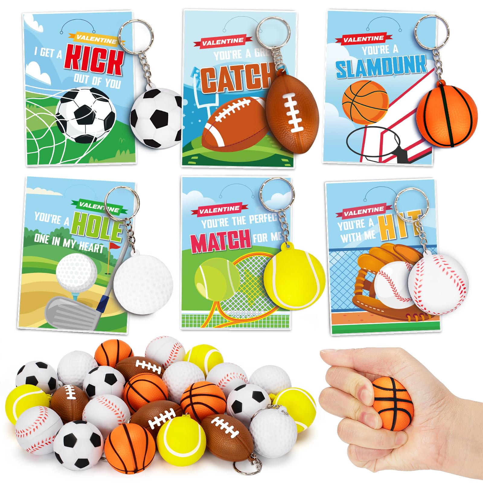 Photo 1 of Jumlys Valentines Day Cards for Kids School, 24 Packs Kids Valentines Cards with Sport Stress Ball Key Chains, Perfect Valentines Party Favors for Boys Girls, Ideal Kids Exchange Cards for Classroom
