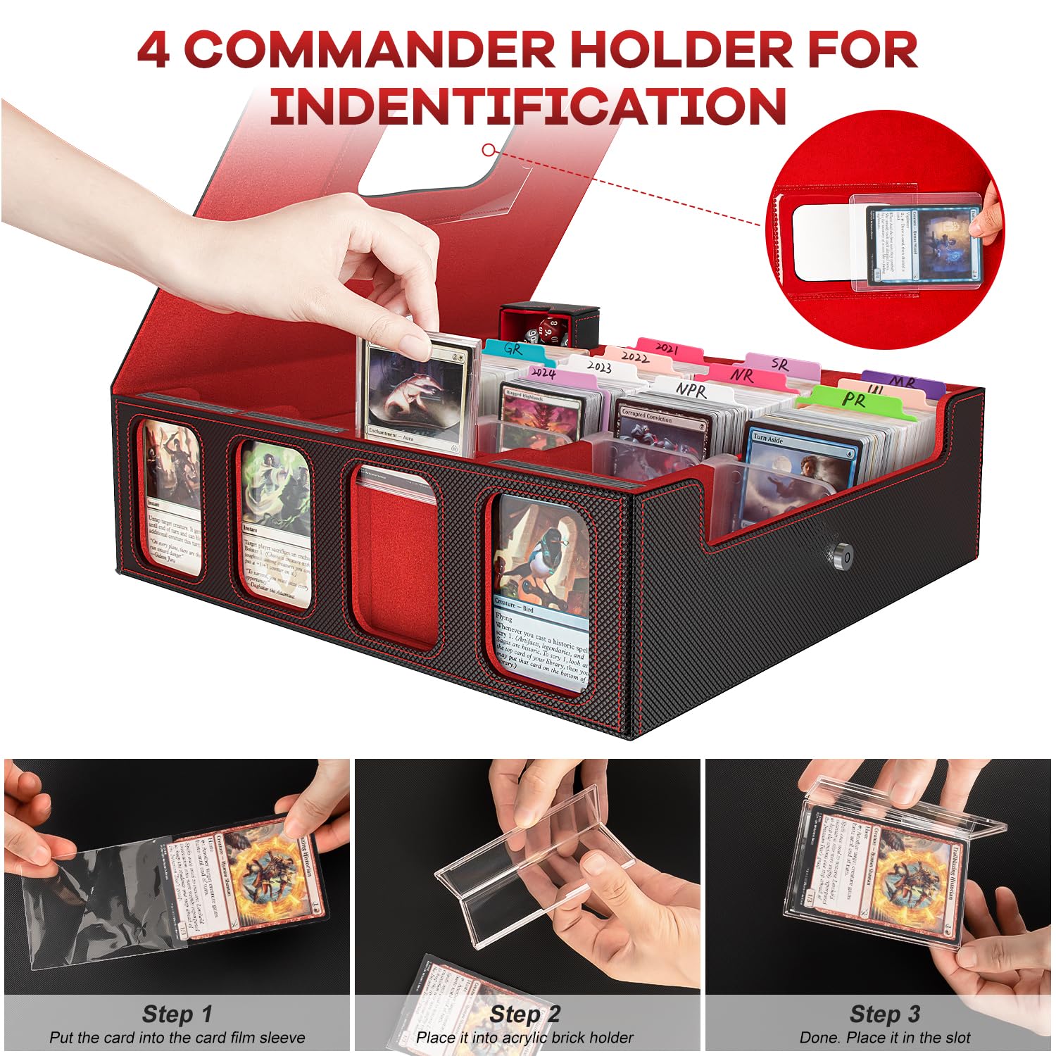 Card Storage Box 3200+ MTG Deck Box with 30 Colorful Divider, 4 Row Commander Trading Card Cases with Portable Handle & Display Windows, Fits for MTG/TCG/Magic Cards, Patented Design