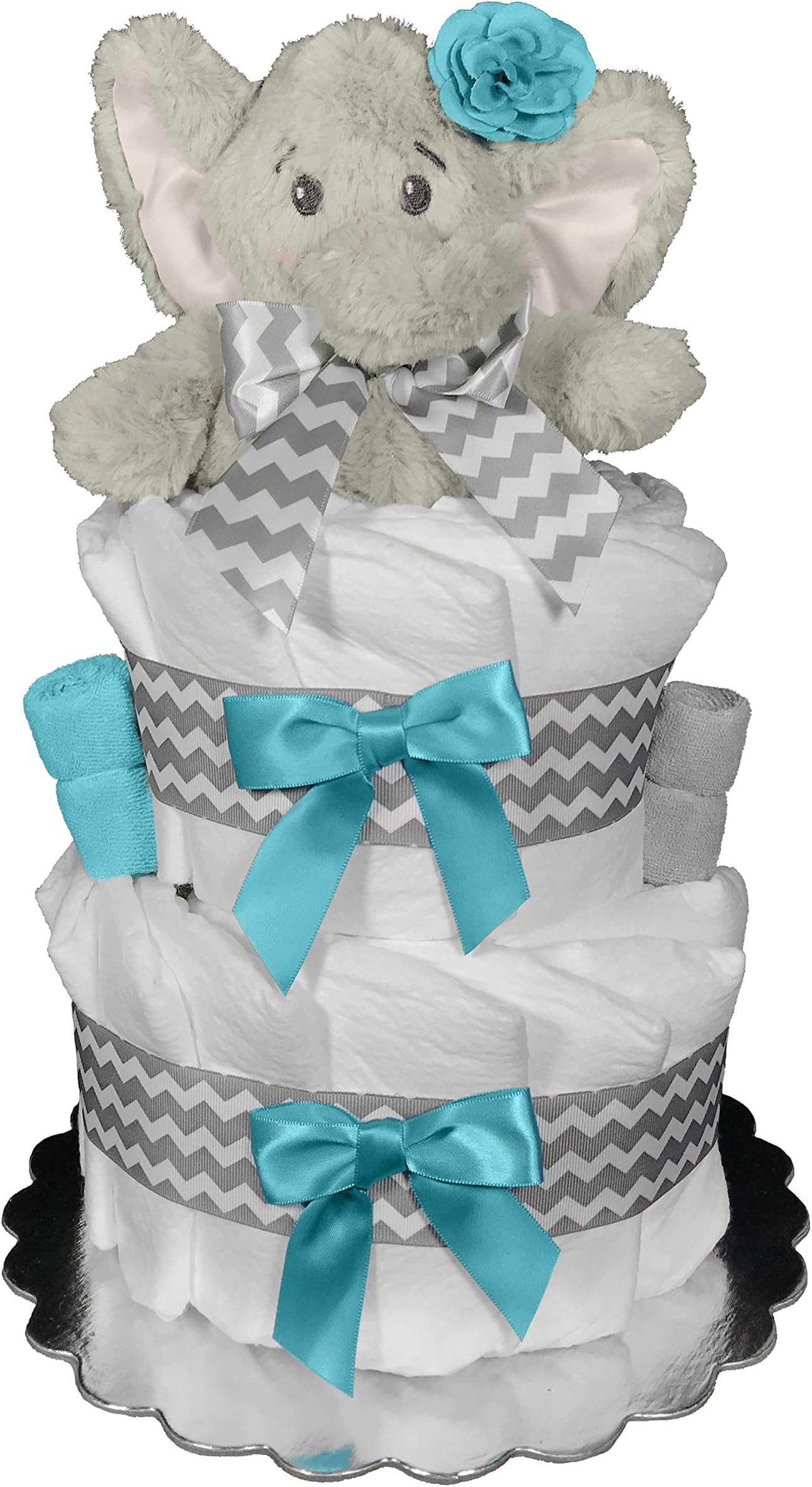 Elephant Diaper Cake for a Boy - Baby Shower Centerpiece Chevron Gift Set