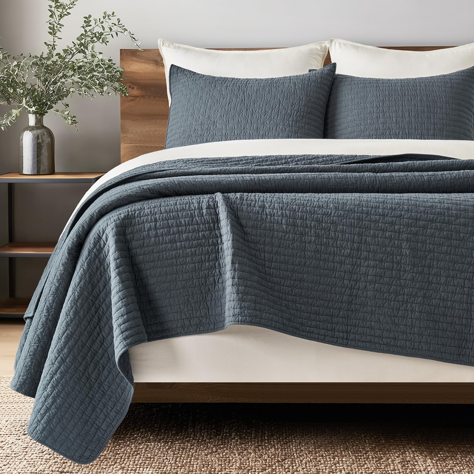 Photo 1 of EVERGRACE Cross Stitch Pre-Washed Cotton Quilt Bedding Set King Size, Oversized 3 Pieces Lightweight Bedspread Coverlet for All Season, with 2 Matching Shams, Midnight Blue, 108"x96"