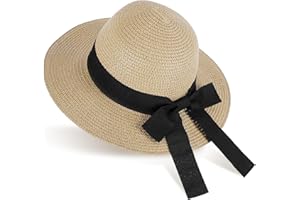 GNEGNI Girls Straw Sun Hat with Bowknot, Boho Summer Beach Hat, Wide Brim Floppy Hat, Outdoor Sun Protection Hat for Kids Ages 3-6