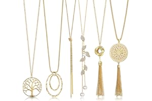 HAIAISO 6Pcs Long Necklaces for Women Tassel Pendant Necklace Circle Knot Bar Feather Leaf Sweater Necklace Statement Necklac