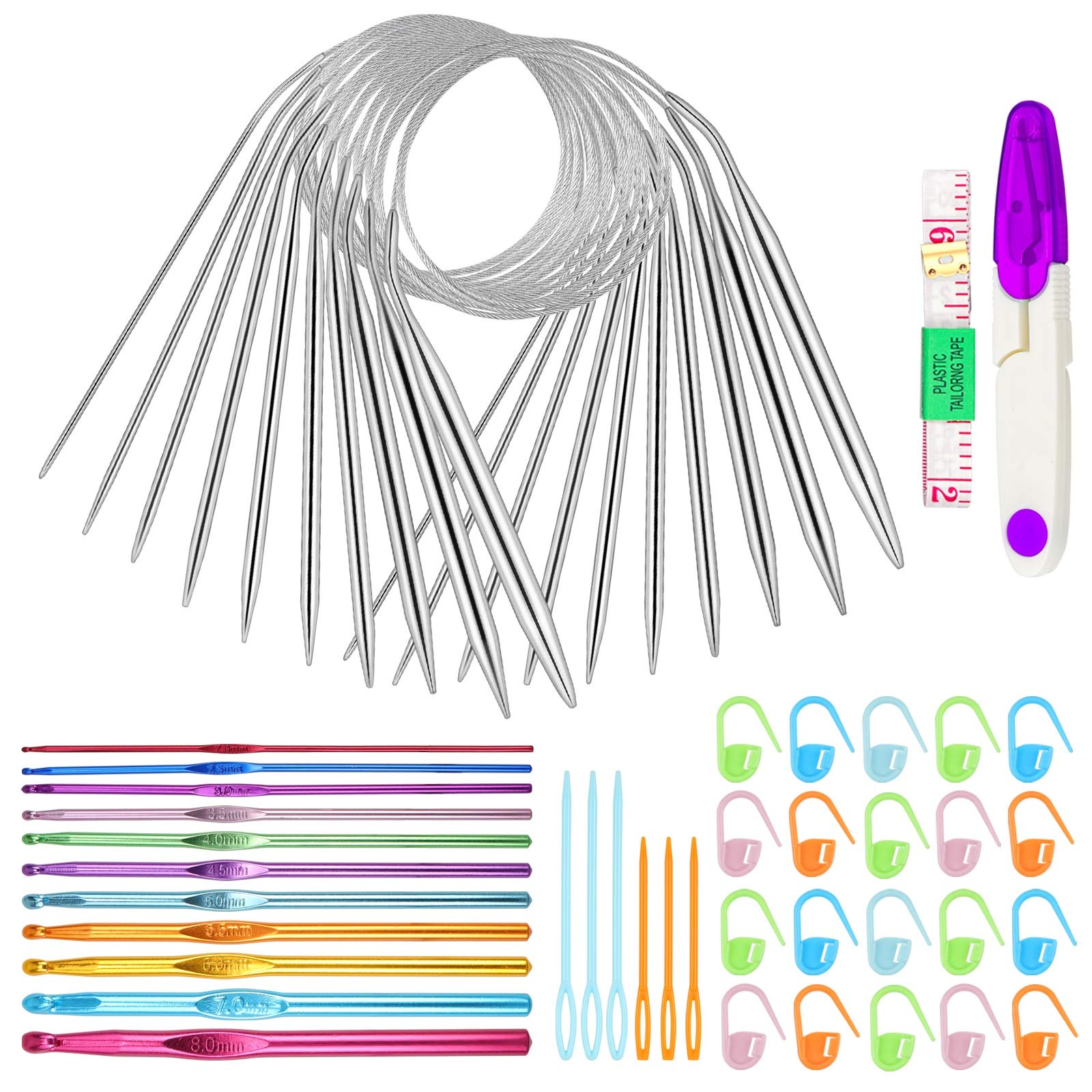 Hysagtek 51 Pcs Knitting Needles Set - 12 Sizes 2.0mm - 9.0mm Circular Knitting Needles 11 Crochet Hooks 6 Sewing Needle 20 Stitch Markers Scissors Tape Measure Suit for Weaving/Patterns/Yarns Project
