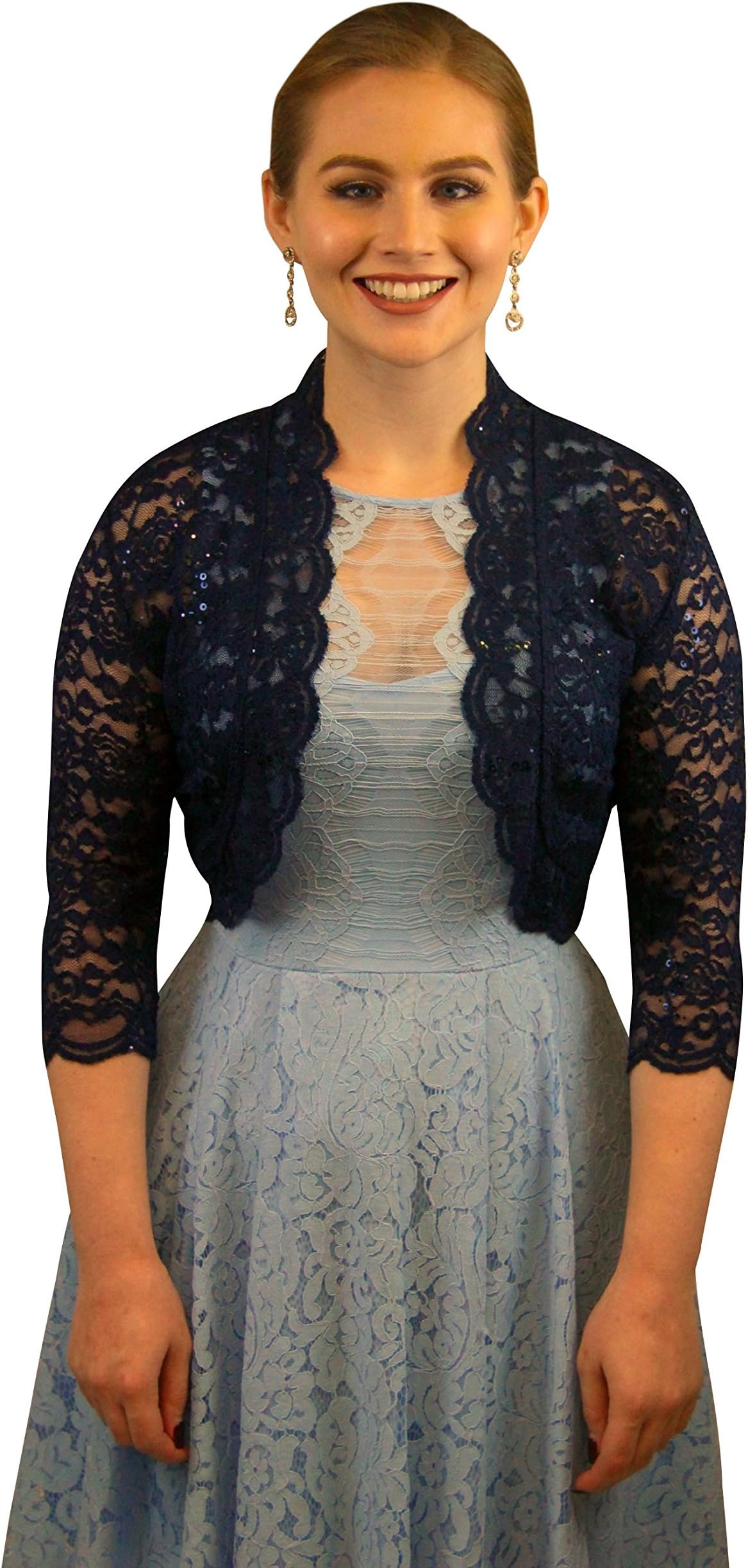 SleekTrends Women Elbow Sleeve Sequin Lace Bolero Jacket - Dressy Shrug