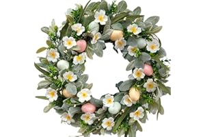 EGOLOT 22 Inch Spring Easter Green Leaves Wreath for Front Door, Easter Bunny Wild Flower Eggs Wreath for Home Decoration, Rustic Farmhouse Lamb Ears Floral for Home