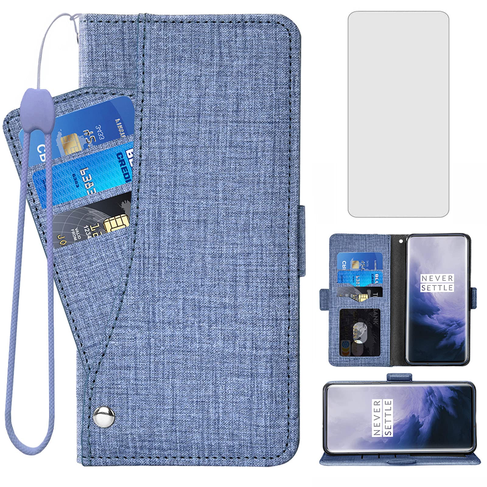 Asuwish Compatible with OnePlus 7 Pro Wallet Case Tempered Glass Screen Protector and Flip Cover Card Holder Cell Phone Cases for OnePlus7Pro 5G One Plus 1+7 1Plus OnePlus7 7Pro One+ 1 + Seven Blue — image 1