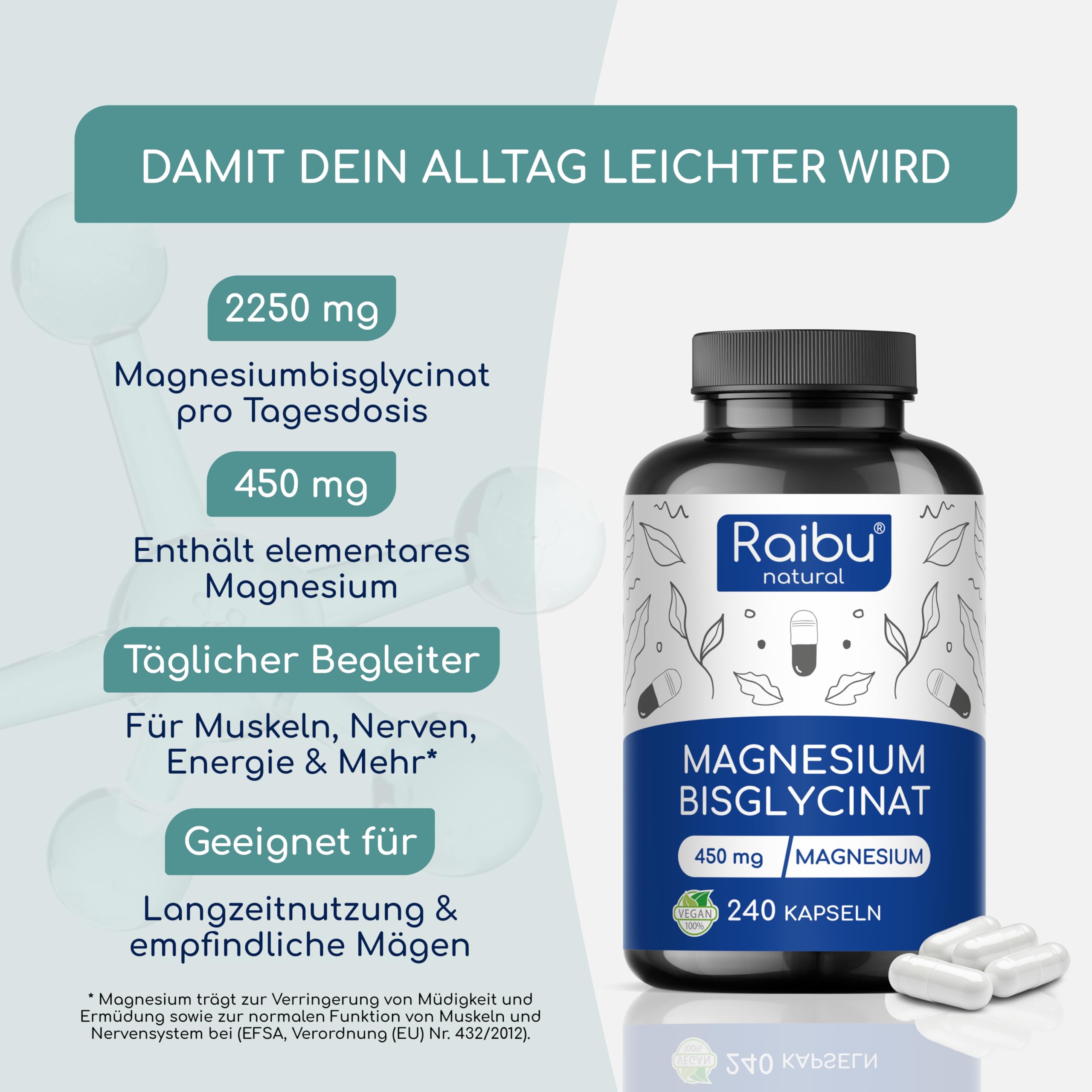 Magnesiumbisglycinat Kapseln - 450 mg elementares Magnesium pro Tag - 240 Kapseln, hochdosiert - hohe Bioverfügbarkeit & Premium chelatiertes Magnesium - 100% vegan, bis zu 4 Monate Vorrat 3