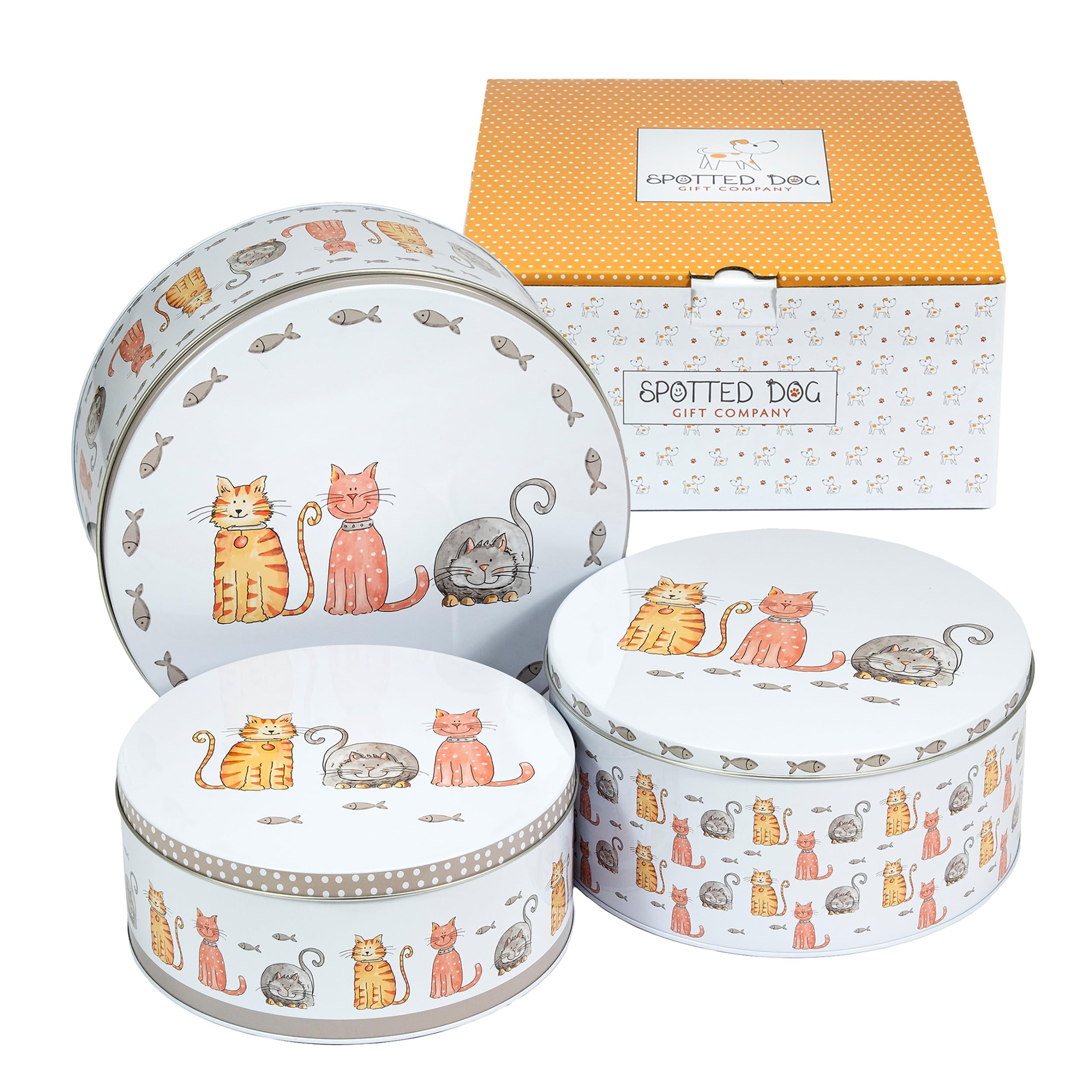 SPOTTED DOG GIFT COMPANY Cake Tin Storage Set of 3, Round Nesting Cake Tins for Storing Cakes & Biscuits, Stackable Airtight Biscuit Containers, Cute Cat Themed Gifts, Large Medium Small