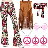 Jenaai 7 Pcs Kids 60s 70s Hippie Outfits for Girls Costume Set Boho Flared Pants Hippie Outfits Accessories Set